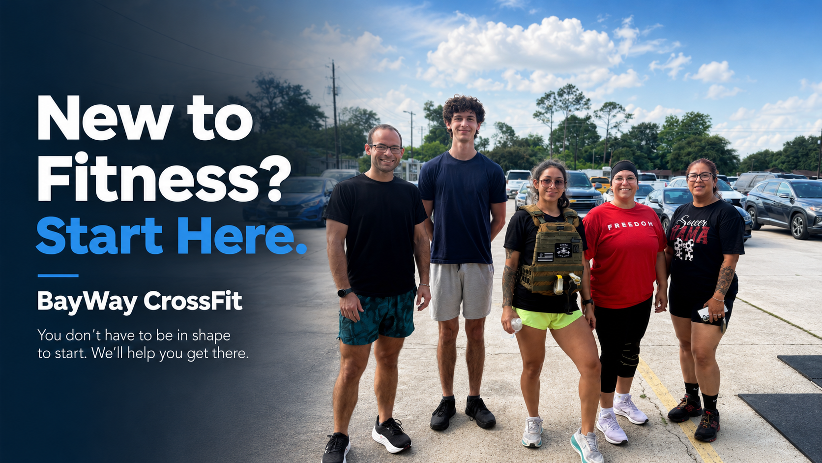 Group of BayWay CrossFit members standing outside the gym in Baytown for a beginner fitness blog.