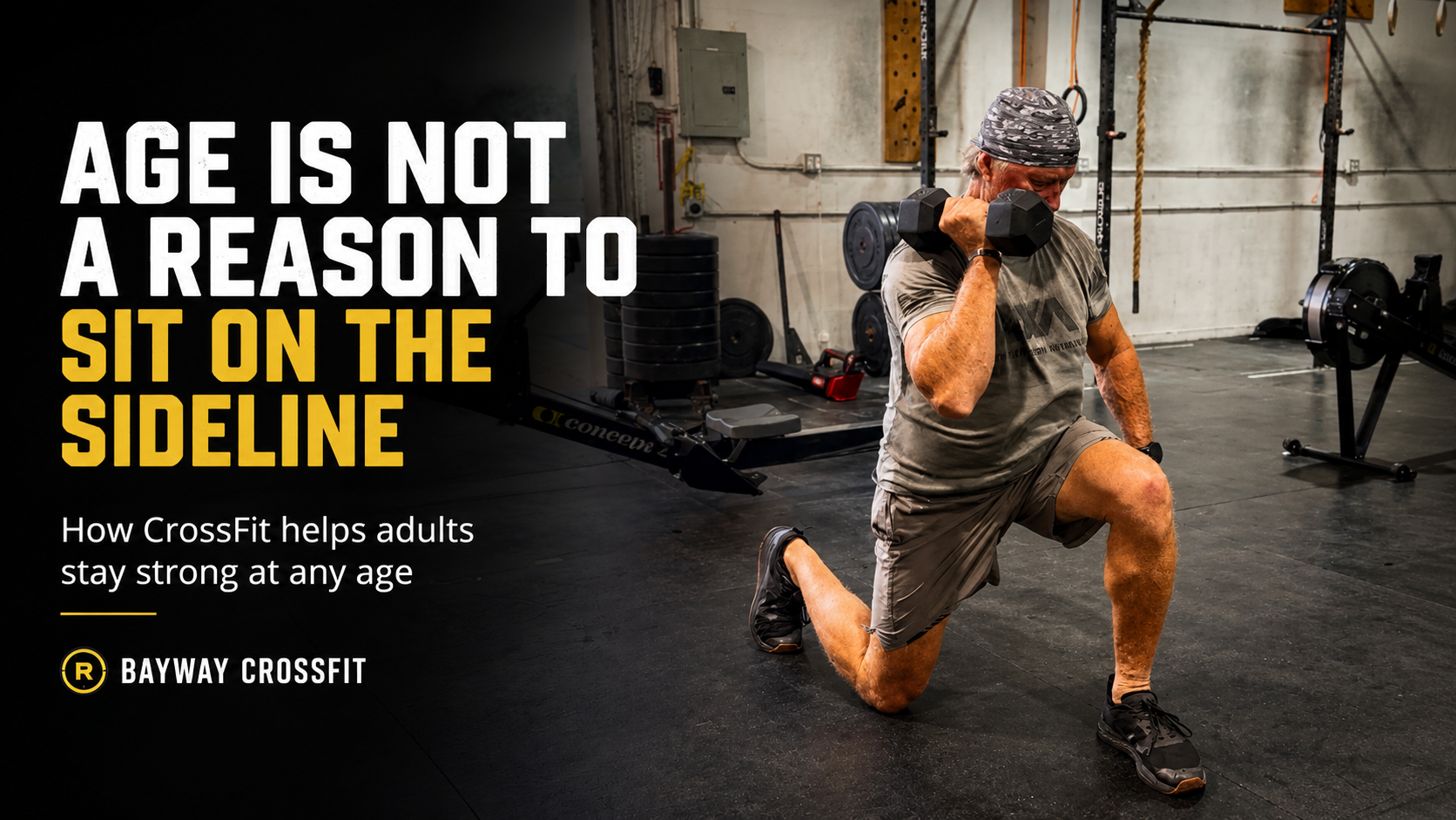 Older adult doing dumbbell lunges at BayWay CrossFit in Baytown Texas