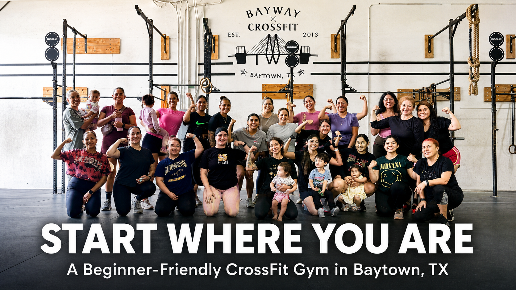 BayWay CrossFit members posing together at a beginner-friendly CrossFit gym in Baytown, TX