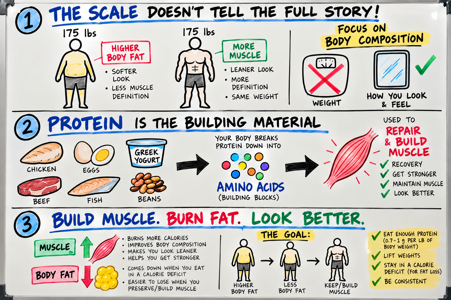 BayWay CrossFit whiteboard explaining protein, muscle building, fat loss, and body composition in Baytown, Texas.v